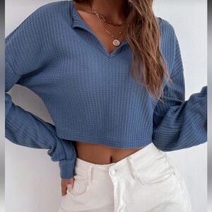 Blue shoulder drop Waffle knit top and Drop shoulder White crew neck (BUNDLE)